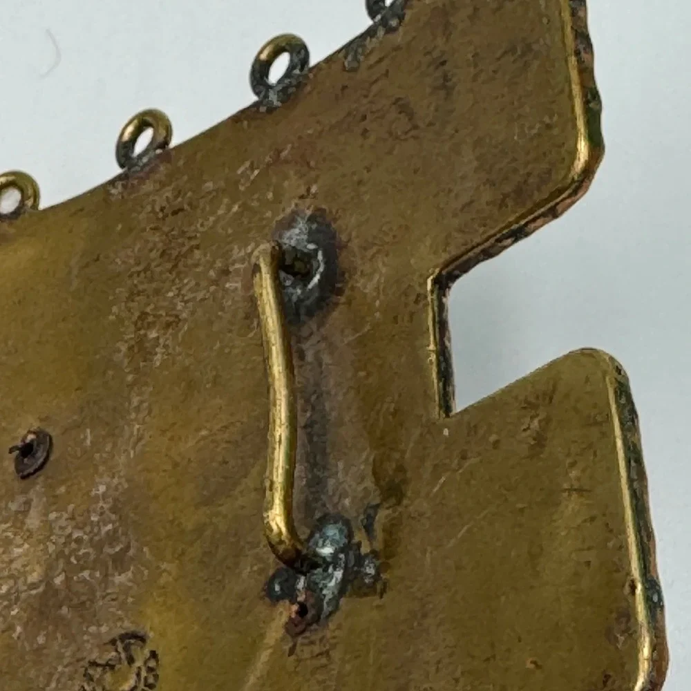 Vintage Maya Mexico Brutalist Mixed Metal Belt Buckle Clay‎ Mask Enamel Folk Art